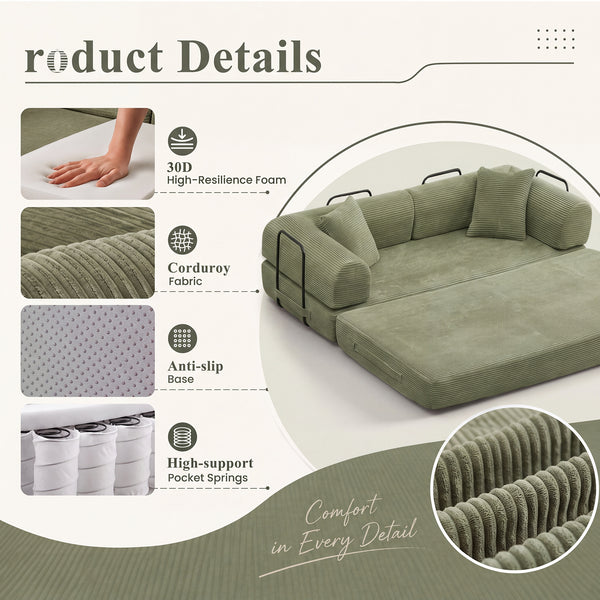 3-in-1 Convertible Sleeper Sofa Bed with Pillows - 78" Corduroy Folding Couch for Living Room, Bedroom