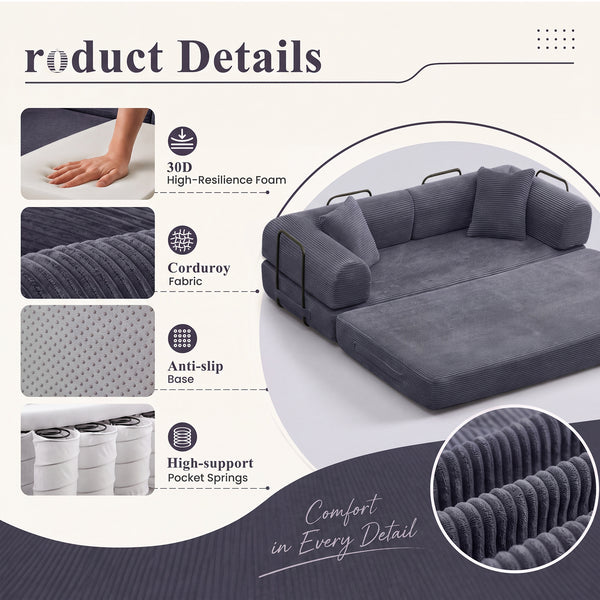 3-in-1 Convertible Sleeper Sofa Bed with Pillows - 78" Corduroy Folding Couch for Living Room, Bedroom