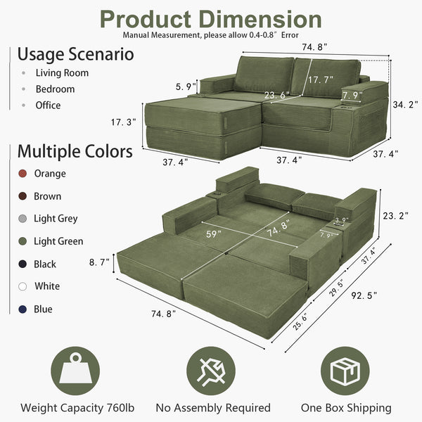 Holaki 5 in 1 Modular Sectional Sofa with Movable Ottoman, L-Shaped Convertible Boneless Couch for Living Room, Corduroy Deep Seat Sofa