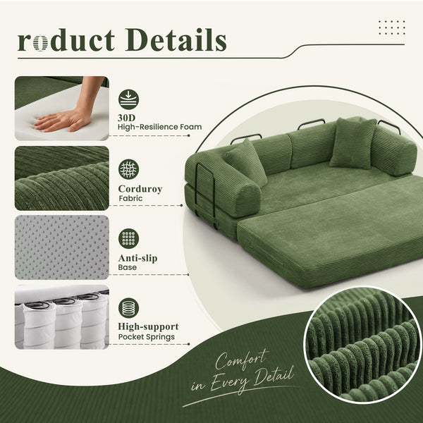 3-in-1 Convertible Sleeper Sofa Bed with Pillows - 78" Corduroy Folding Couch for Living Room, Bedroom