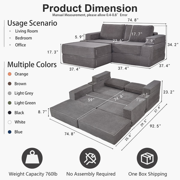 Holaki 5 in 1 Modular Sectional Sofa with Movable Ottoman, L-Shaped Convertible Boneless Couch for Living Room, Corduroy Deep Seat Sofa
