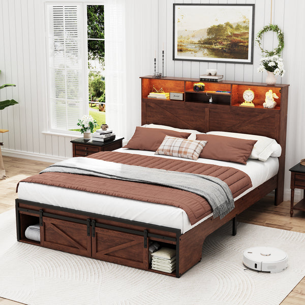 Queen Size Bed Frame, Holaki Farmhouse Queen Bed Frame with Storage Headboard, Charging Station & LED Lights, 2 Storage Drawers, No Box Spring Needed, Noise Free, Easy Assembly, White