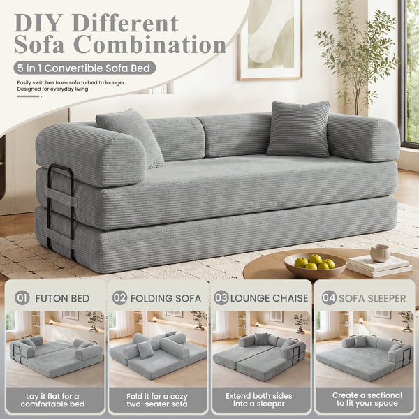 3-in-1 Convertible Sleeper Sofa Bed with Pillows - 78" Corduroy Folding Couch for Living Room, Bedroom