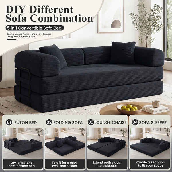 3-in-1 Convertible Sleeper Sofa Bed with Pillows - 78" Corduroy Folding Couch for Living Room, Bedroom