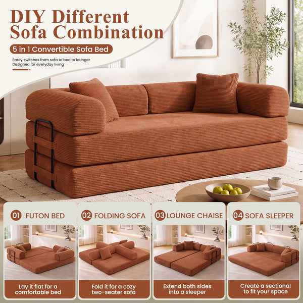 3-in-1 Convertible Sleeper Sofa Bed with Pillows - 78" Corduroy Folding Couch for Living Room, Bedroom