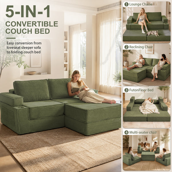 Holaki 5 in 1 Modular Sectional Sofa with Movable Ottoman, L-Shaped Convertible Boneless Couch for Living Room, Corduroy Deep Seat Sofa