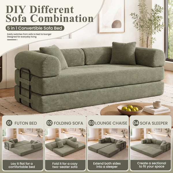 3-in-1 Convertible Sleeper Sofa Bed with Pillows - 78" Corduroy Folding Couch for Living Room, Bedroom