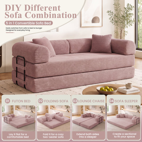 3-in-1 Convertible Sleeper Sofa Bed with Pillows - 78" Corduroy Folding Couch for Living Room, Bedroom