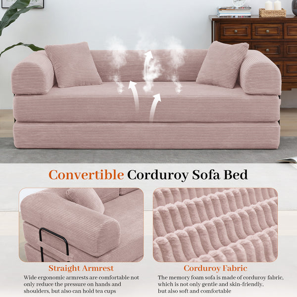 3-in-1 Convertible Sleeper Sofa Bed with Pillows - 78" Corduroy Folding Couch for Living Room, Bedroom