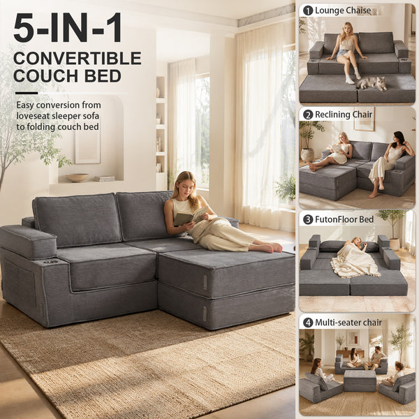 Holaki 5 in 1 Modular Sectional Sofa with Movable Ottoman, L-Shaped Convertible Boneless Couch for Living Room, Corduroy Deep Seat Sofa