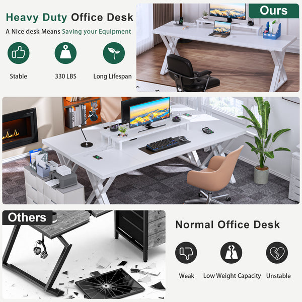 Executive Office Desk, Holaki 70.8" Large Farmhouse Wooden Office Desk with Desktop Stand and Charging Station, Study Writing Table Computer Desk Workstation for Home