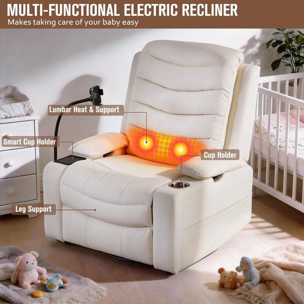 Holaki Power Recliner Chair, 270° Swivel Recliner with Heat & Lumbar Support, Modern Chenille Rocker Recliner Nursery Chair with Smart Cup Holder & Adjustable Armrests for Nursing