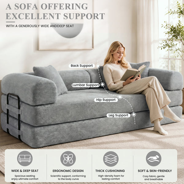 3-in-1 Convertible Sleeper Sofa Bed with Pillows - 78" Corduroy Folding Couch for Living Room, Bedroom