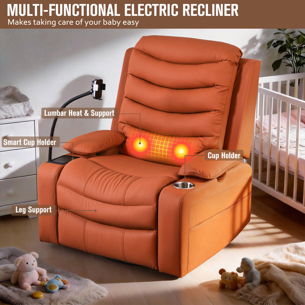 Holaki Power Recliner Chair, 270° Swivel Recliner with Heat & Lumbar Support, Modern Chenille Rocker Recliner Nursery Chair with Smart Cup Holder & Adjustable Armrests for Nursing