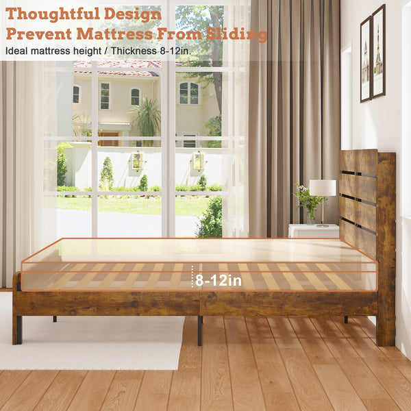 Wood Full Bed Frame with Headboard, Holaki Rustic Farmhouse Platform Bed Frame with USB Port & LED Lights, Heavy-Duty Wood & Metal Frame, No Box Spring Needed, Easy Assembly