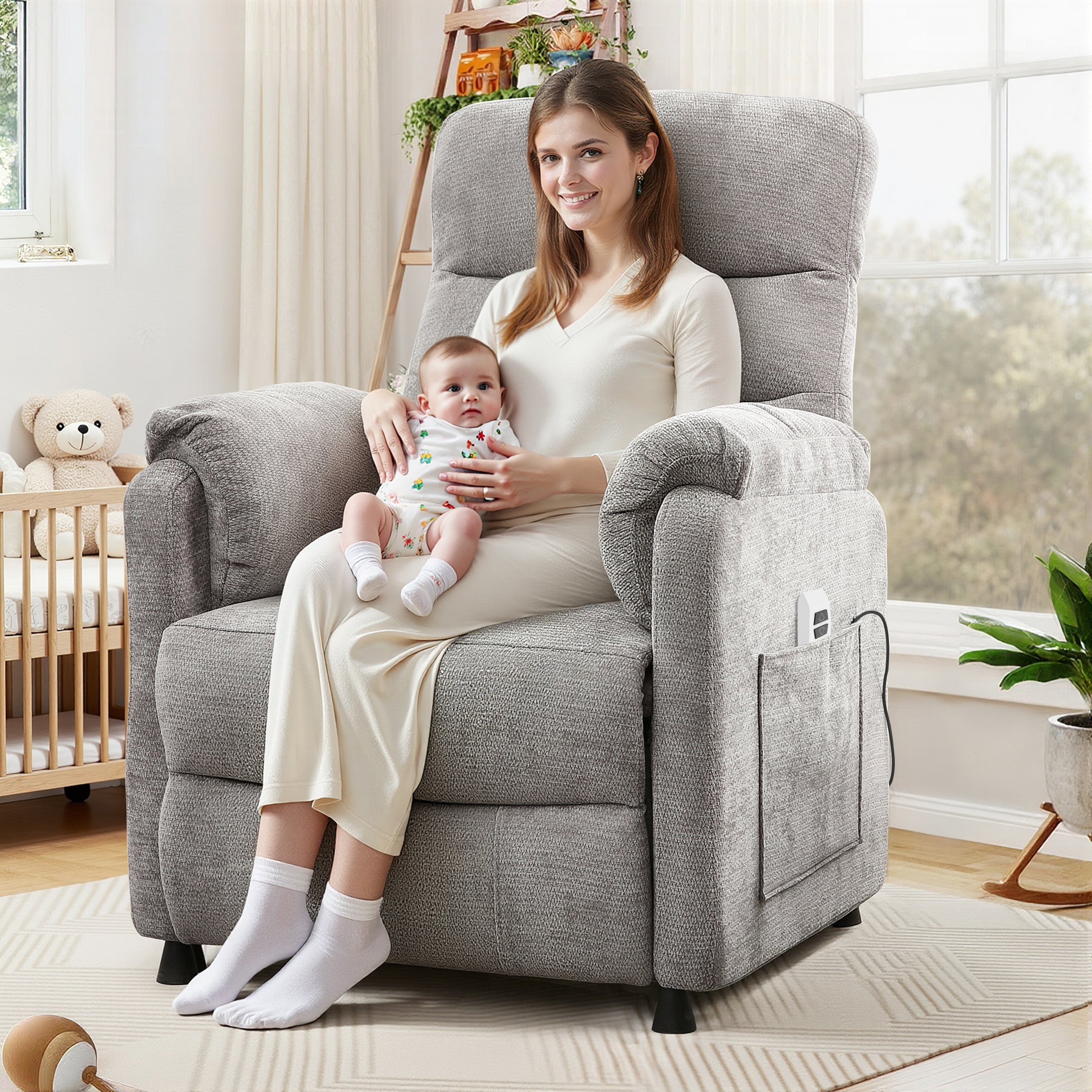 Electric Power Recliner Chair, Modern Chenille Fabric Recliner with Side Pocket & Remote, Nursery Recliner Chair for Living Room Small Space