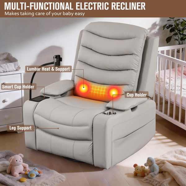 Holaki Power Recliner Chair, 270° Swivel Recliner with Heat & Lumbar Support, Modern Chenille Rocker Recliner Nursery Chair with Smart Cup Holder & Adjustable Armrests for Nursing