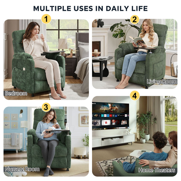 Power Recliner Chair, Nursery Recliner Chair with Swivel Tray Table & Cup Holder, Modern Chenille Fabric Electric Recliner with Side Pocket & Remote for Living Room Small Space