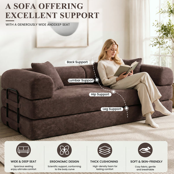 3-in-1 Convertible Sleeper Sofa Bed with Pillows - 78" Corduroy Folding Couch for Living Room, Bedroom