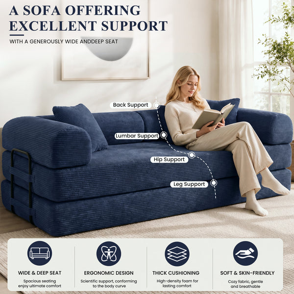 3-in-1 Convertible Sleeper Sofa Bed with Pillows - 78" Corduroy Folding Couch for Living Room, Bedroom