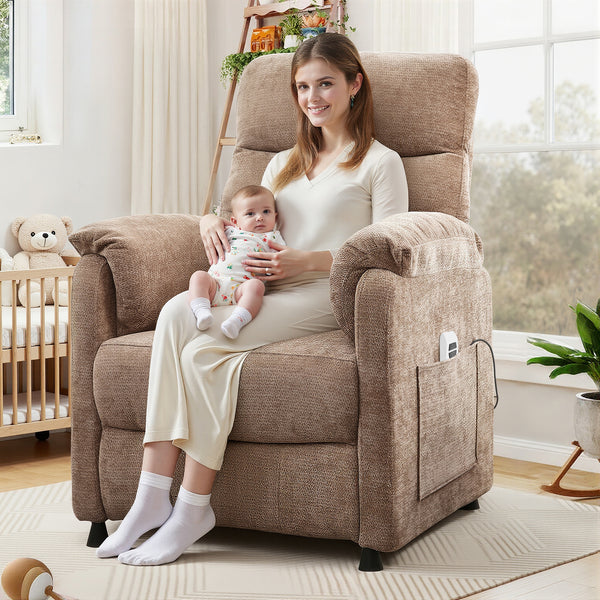 Electric Power Recliner Chair, Modern Chenille Fabric Recliner with Side Pocket & Remote, Nursery Recliner Chair for Living Room Small Space