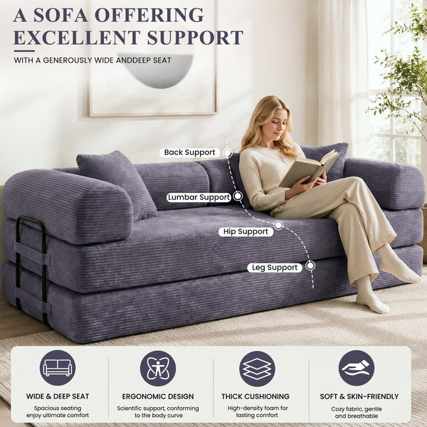 3-in-1 Convertible Sleeper Sofa Bed with Pillows - 78" Corduroy Folding Couch for Living Room, Bedroom