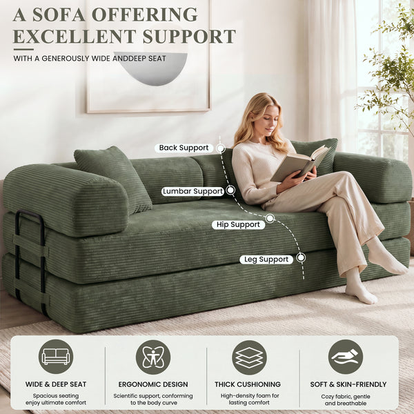 3-in-1 Convertible Sleeper Sofa Bed with Pillows - 78" Corduroy Folding Couch for Living Room, Bedroom