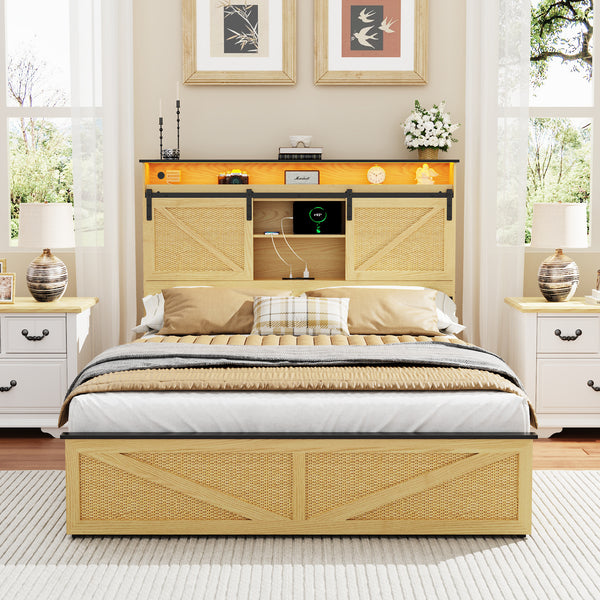 Holaki Farmhouse Queen Size Bed Frame with Storage Headboard, 2 Drawers, Charging Station & RGB LED Lights, Wood Platform Bed with Shelves & Hidden Storage, No Box Spring Required, Dark Brown