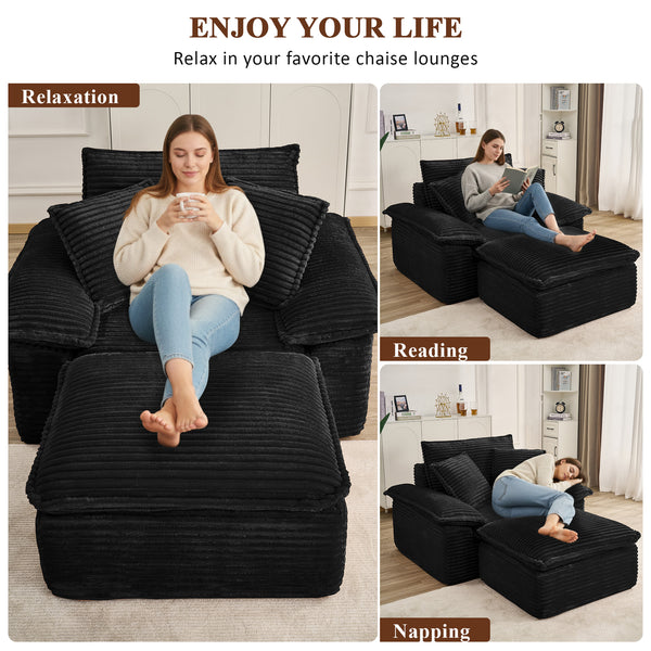 47" Oversized Chaise Lounge Chair Indoor, Holaki Fluffy Corduroy Upholstered Springs Sofa Bed with Ottoman & Pillows, Modern Comfy Cloud Sofas Couches for Living Room, Bedroom