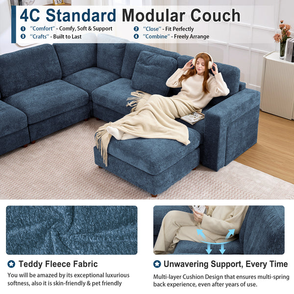 Holaki 138" Oversized Modular Sectional Sofa with 2 Built-in Side Tables, 3 Seat Large Wide Comfy Cloud Couches for Living Room, Sectional Sleeper Sofa with 2 Ottoman & Storage Space