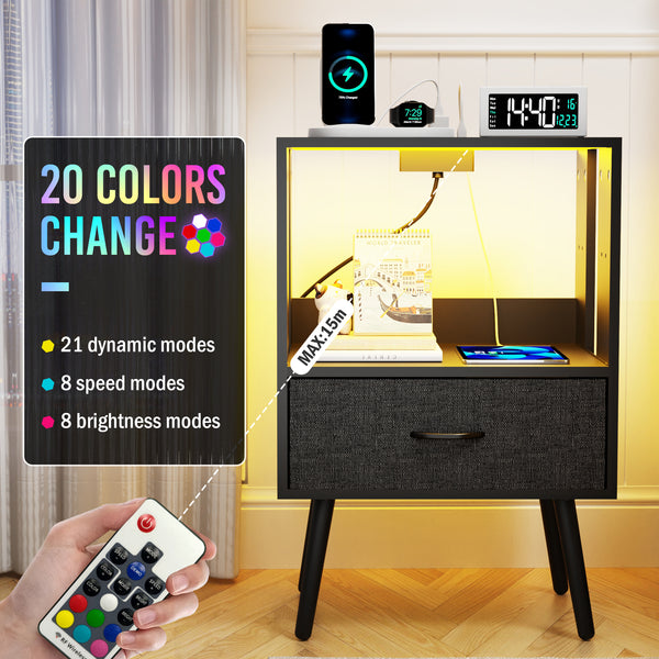 Nightstand Set of 2, Holaki Nightstand with Charging Station for Bedroom, Night Stand with LED Light & Fabric Drawers, Dresser Bedside Table for Living Room, Black