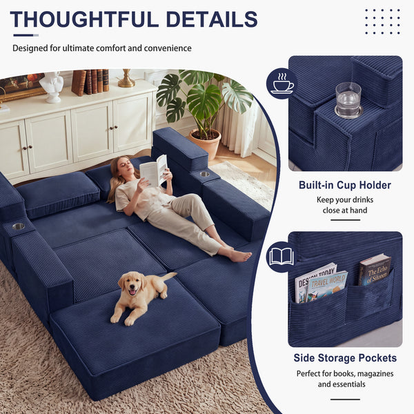 Holaki 5 in 1 Modular Sectional Sofa with Movable Ottoman, L-Shaped Convertible Boneless Couch for Living Room, Corduroy Deep Seat Sofa