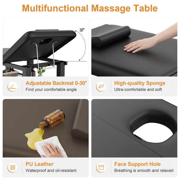 Professional Folding Massage Table with Adjustable Backrest - 30.5" Wide Spa & Physical Therapy Bed, Heavy Duty Metal Frame, PU Leather Top for Facial, Treatment, Relaxation