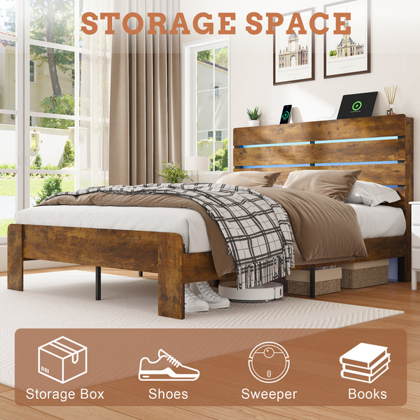 Wood Full Bed Frame with Headboard, Holaki Rustic Farmhouse Platform Bed Frame with USB Port & LED Lights, Heavy-Duty Wood & Metal Frame, No Box Spring Needed, Easy Assembly