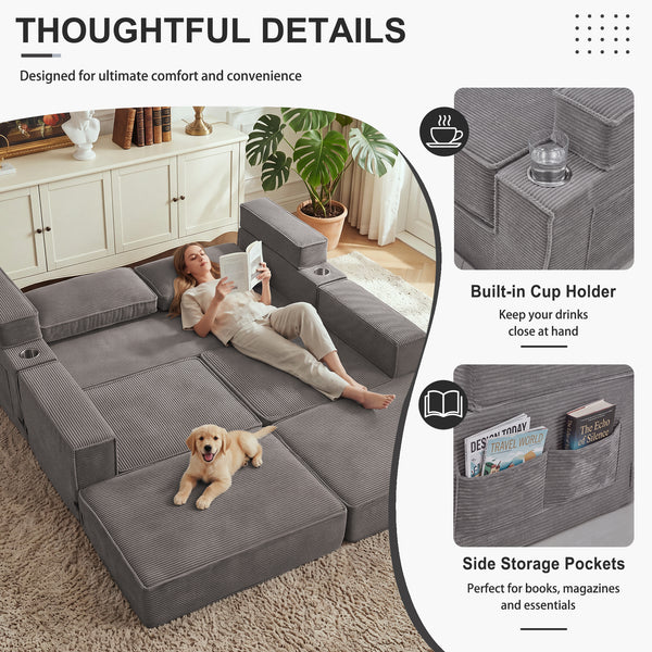 Holaki 5 in 1 Modular Sectional Sofa with Movable Ottoman, L-Shaped Convertible Boneless Couch for Living Room, Corduroy Deep Seat Sofa