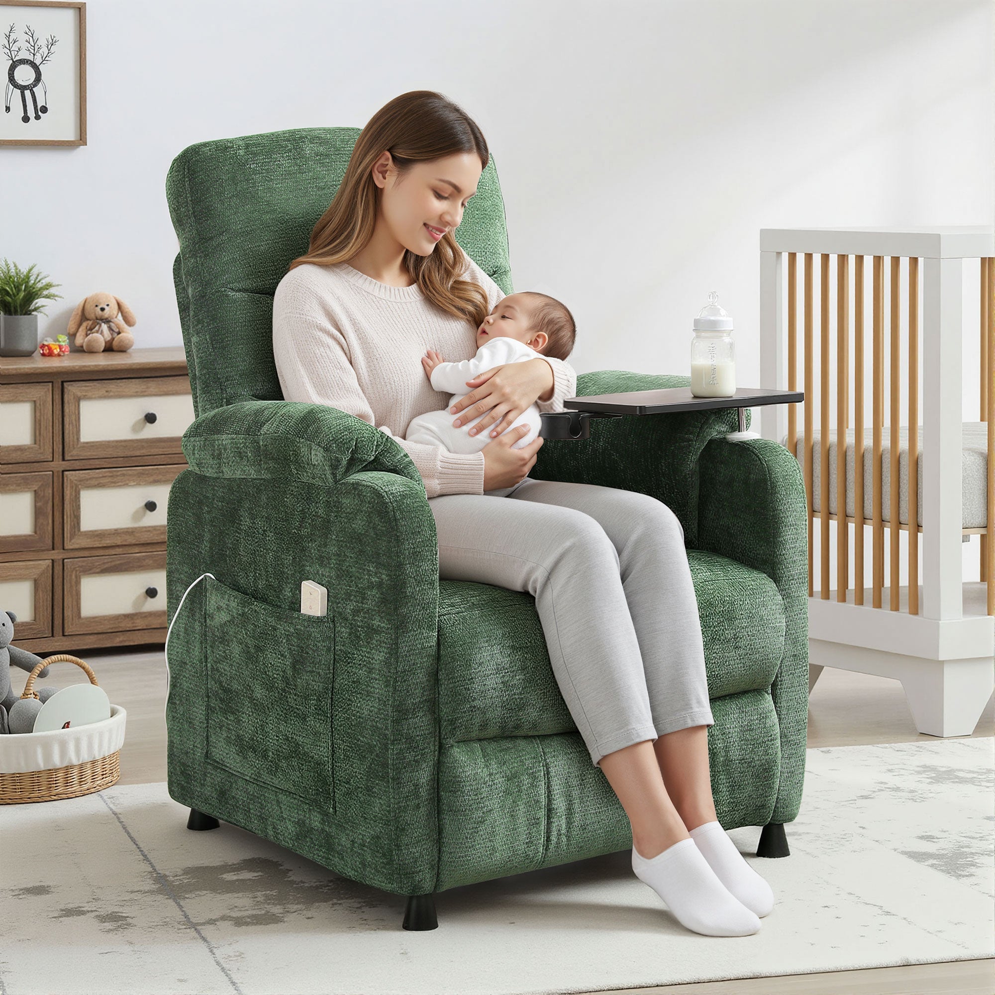 Power Recliner Chair, Nursery Recliner Chair with Swivel Tray Table & Cup Holder, Modern Chenille Fabric Electric Recliner with Side Pocket & Remote for Living Room Small Space