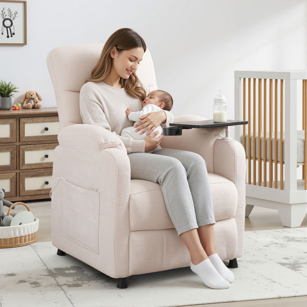 Power Recliner Chair, Nursery Recliner Chair with Swivel Tray Table & Cup Holder, Modern Chenille Fabric Electric Recliner with Side Pocket & Remote for Living Room Small Space
