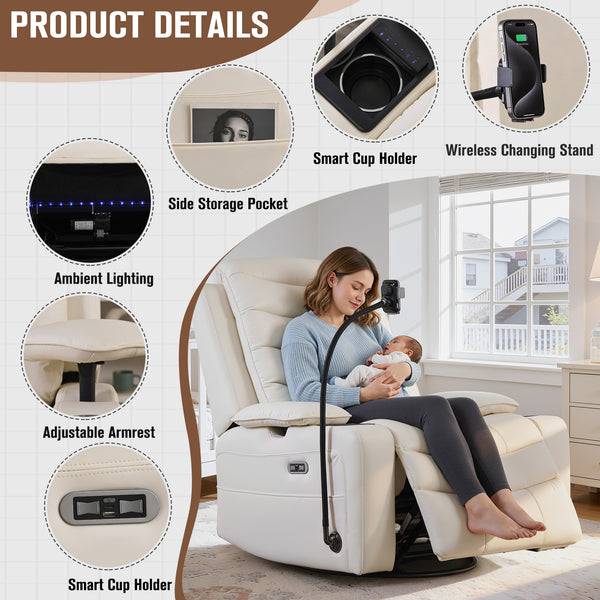 Holaki Power Recliner Chair, 270° Swivel Recliner with Heat & Lumbar Support, Modern Chenille Rocker Recliner Nursery Chair with Smart Cup Holder & Adjustable Armrests for Nursing
