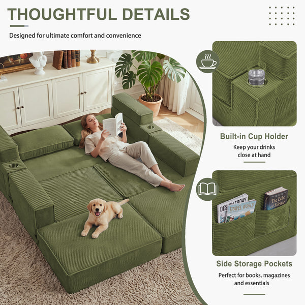 Holaki 5 in 1 Modular Sectional Sofa with Movable Ottoman, L-Shaped Convertible Boneless Couch for Living Room, Corduroy Deep Seat Sofa