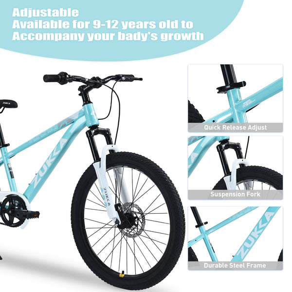 Holaki 24-Inch Kids Mountain Bike for Boys & Girls Ages 9–12, Durable Steel Frame Kid Bicycle with Suspension Fork, Double Disc Brakes, Adjustable Saddle & Handlebar