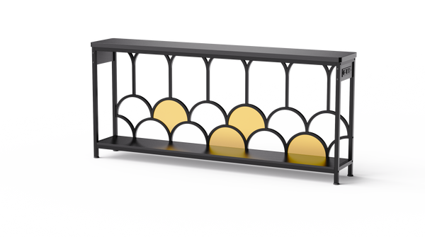 Modern minimalist metal-framed long cabinet with gold geometric accents, perfect for living rooms and entryways.