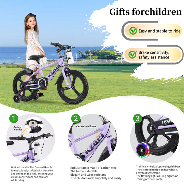 Holaki 18 Inch Kids Bike with Training Wheels & Handbrake for 5-9 Years Old Boys&Girls, Kids Bicycle Adjustable Seat with High Carbon Steel Frame, Water Bottle & Night Glow for Birthday Gift