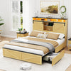 Holaki Farmhouse Queen Size Bed Frame with Storage Headboard, 2 Drawers, Charging Station & RGB LED Lights, Wood Platform Bed with Shelves & Hidden Storage, No Box Spring Required, Dark Brown