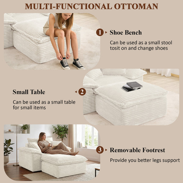 47" Oversized Chaise Lounge Chair Indoor, Holaki Fluffy Corduroy Upholstered Springs Sofa Bed with Ottoman & Pillows, Modern Comfy Cloud Sofas Couches for Living Room, Bedroom