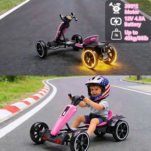 Holaki 12V Kids Electric Go Kart, Battery Powered Ride On Toy with Adjustable Seat, Music & LED Lights, Forward/Backward, EVA Wheels, Pedal Go Kart Electric Car for Kids Boys Girls Ages 3-6