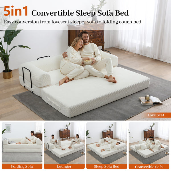 3-in-1 Convertible Sleeper Sofa Bed with Pillows - 78" Corduroy Folding Couch for Living Room, Bedroom