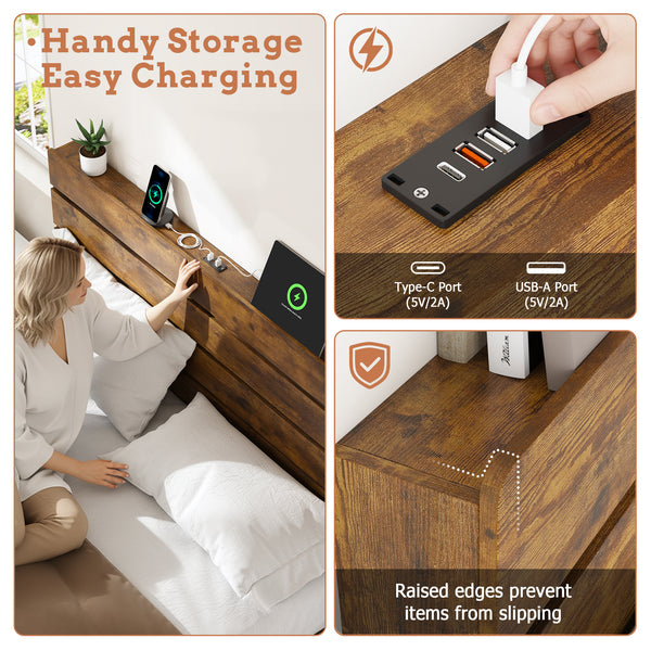 Wood Full Bed Frame with Headboard, Holaki Rustic Farmhouse Platform Bed Frame with USB Port & LED Lights, Heavy-Duty Wood & Metal Frame, No Box Spring Needed, Easy Assembly
