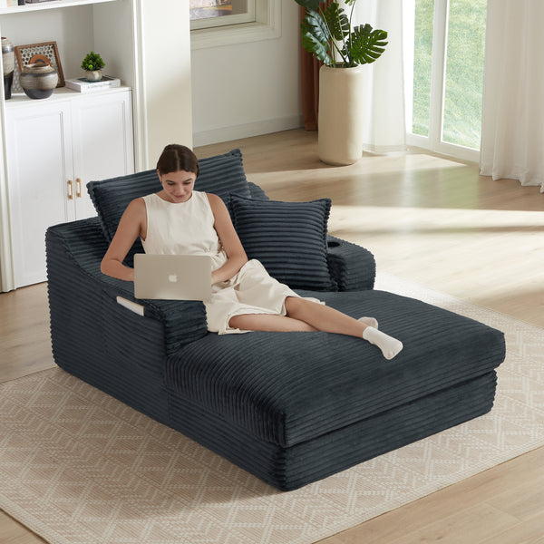 68" Oversized Chaise Lounge Chair Indoor, Comfy Deep Seat Sleeper Cloud Couch with 2 Cup Holder & Throw Pillow, Upholstered Deep Seat Accent Chair for Living Room, No Assembly Required