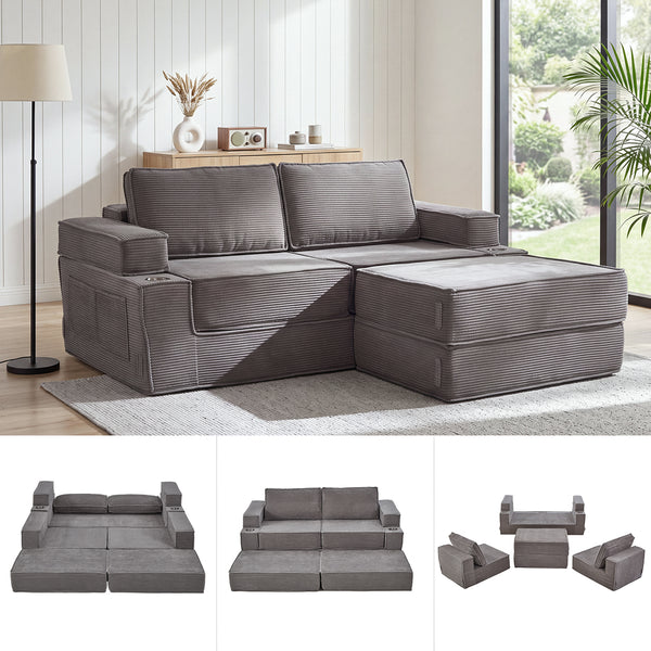 Holaki 5 in 1 Modular Sectional Sofa with Movable Ottoman, L-Shaped Convertible Boneless Couch for Living Room, Corduroy Deep Seat Sofa