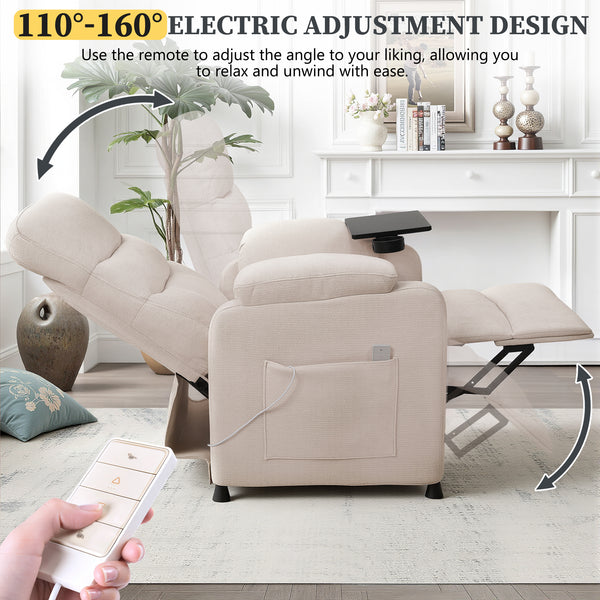 Power Recliner Chair, Nursery Recliner Chair with Swivel Tray Table & Cup Holder, Modern Chenille Fabric Electric Recliner with Side Pocket & Remote for Living Room Small Space